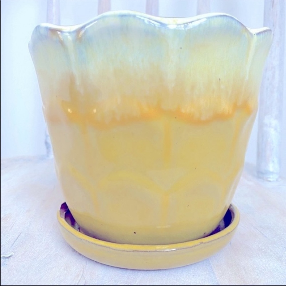 Glazed Green Yellow Terracotta Planter with Attached Saucer & Drainage Hole